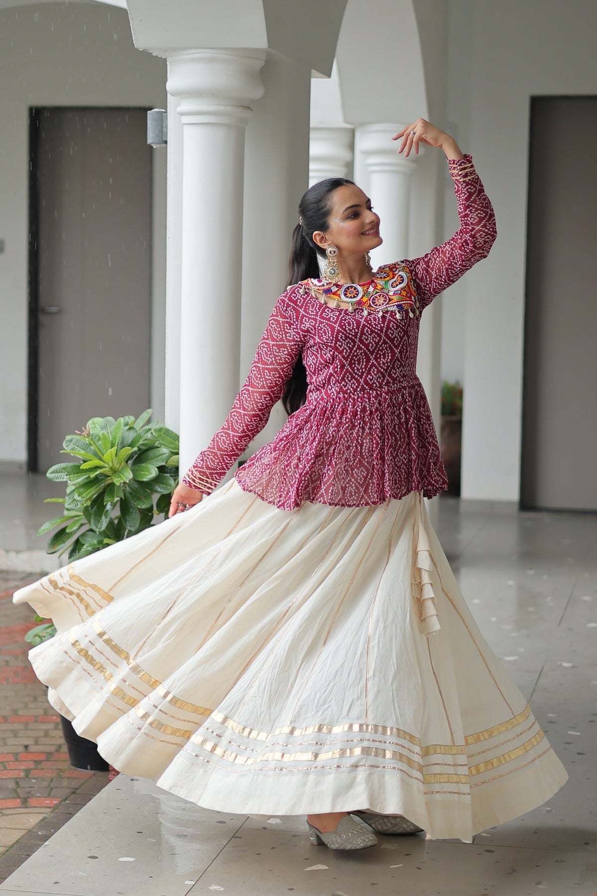 Prazu Fashion Wine Bandhani Print Work With Kutchi Gamthi Patchework Navaratri Lehenga | Grocsy
