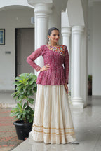 Prazu Fashion Wine Bandhani Print Work With Kutchi Gamthi Patchework Navaratri Lehenga | Grocsy
