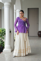 Prazu Fashion Violet Bandhani Print Work With Kutchi Gamthi Patchework Navaratri Lehenga | Grocsy