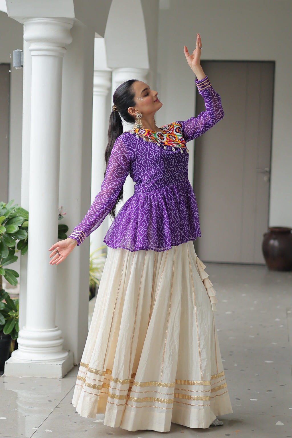 Prazu Fashion Violet Bandhani Print Work With Kutchi Gamthi Patchework Navaratri Lehenga | Grocsy
