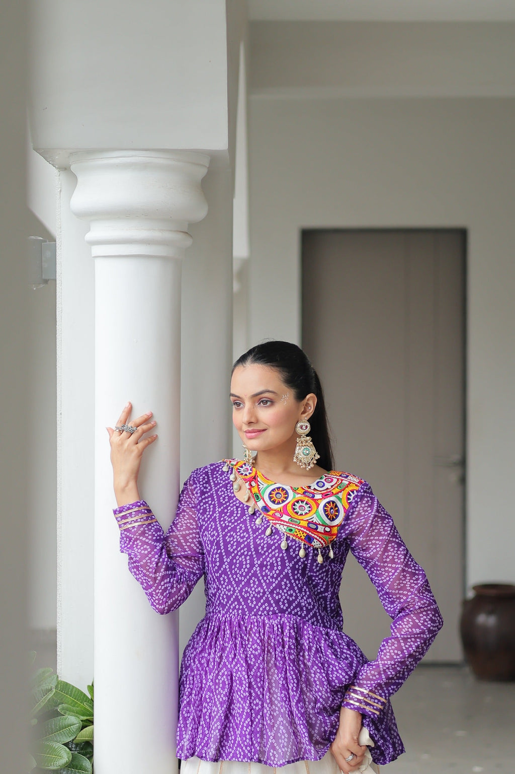 Prazu Fashion Violet Bandhani Print Work With Kutchi Gamthi Patchework Navaratri Lehenga | Grocsy
