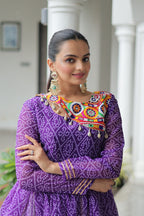 Prazu Fashion Violet Bandhani Print Work With Kutchi Gamthi Patchework Navaratri Lehenga | Grocsy