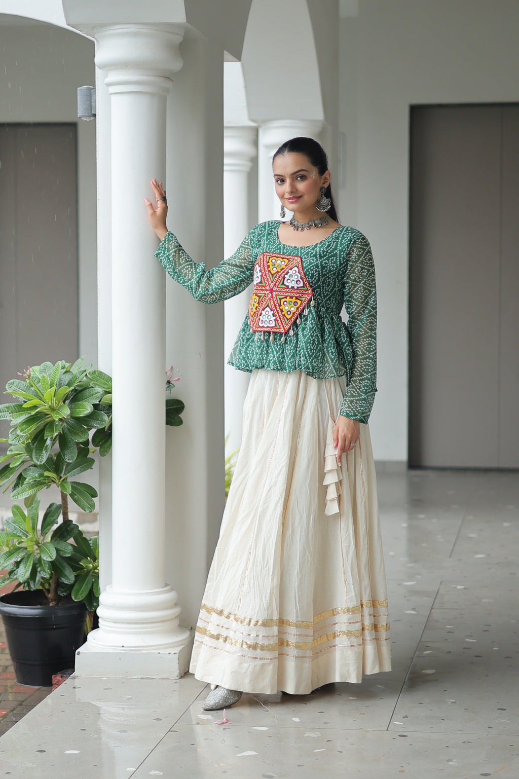 Prazu Fashion Green Georgette Bandhani Print With Kutchi Gamthi Patchwork Navratri Lehenga | Grocsy