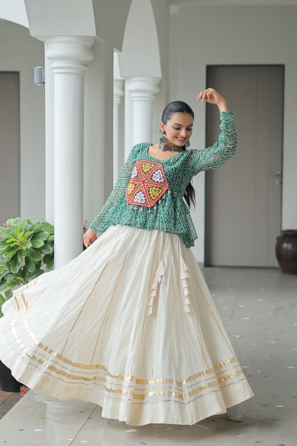Prazu Fashion Green Georgette Bandhani Print With Kutchi Gamthi Patchwork Navratri Lehenga | Grocsy