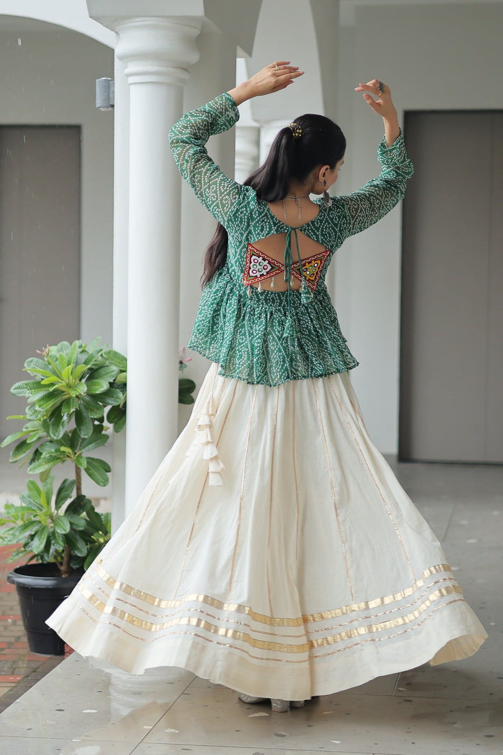 Prazu Fashion Green Georgette Bandhani Print With Kutchi Gamthi Patchwork Navratri Lehenga | Grocsy