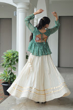 Prazu Fashion Green Georgette Bandhani Print With Kutchi Gamthi Patchwork Navratri Lehenga | Grocsy