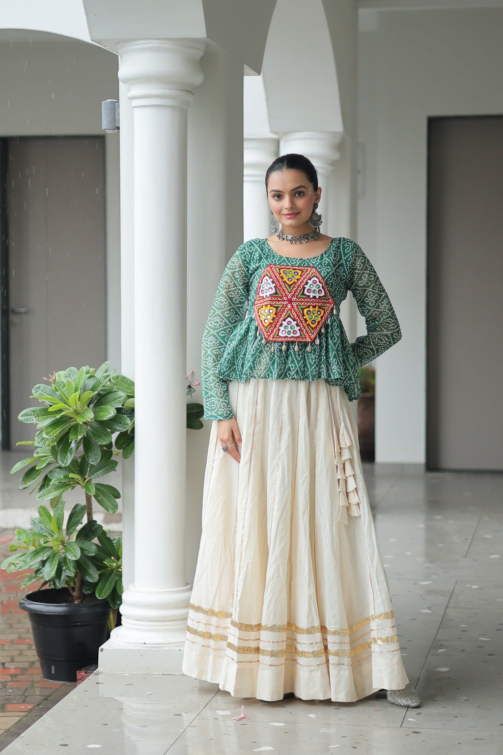Prazu Fashion Green Georgette Bandhani Print With Kutchi Gamthi Patchwork Navratri Lehenga | Grocsy