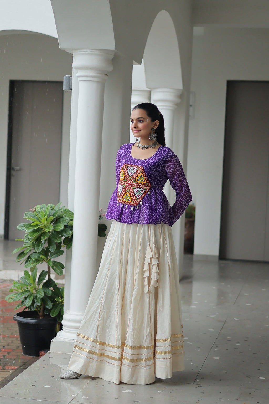 Prazu Fashion Violet Georgette Bandhani Print With Kutchi Gamthi Patchwork Navratri Lehenga | Grocsy