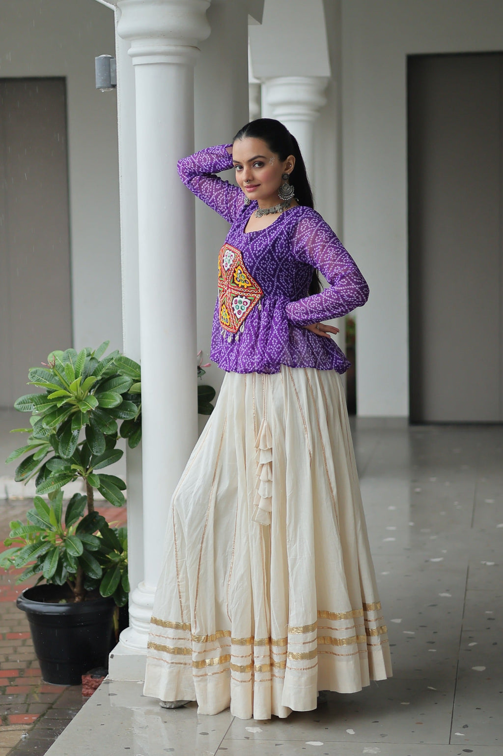 Prazu Fashion Violet Georgette Bandhani Print With Kutchi Gamthi Patchwork Navratri Lehenga | Grocsy