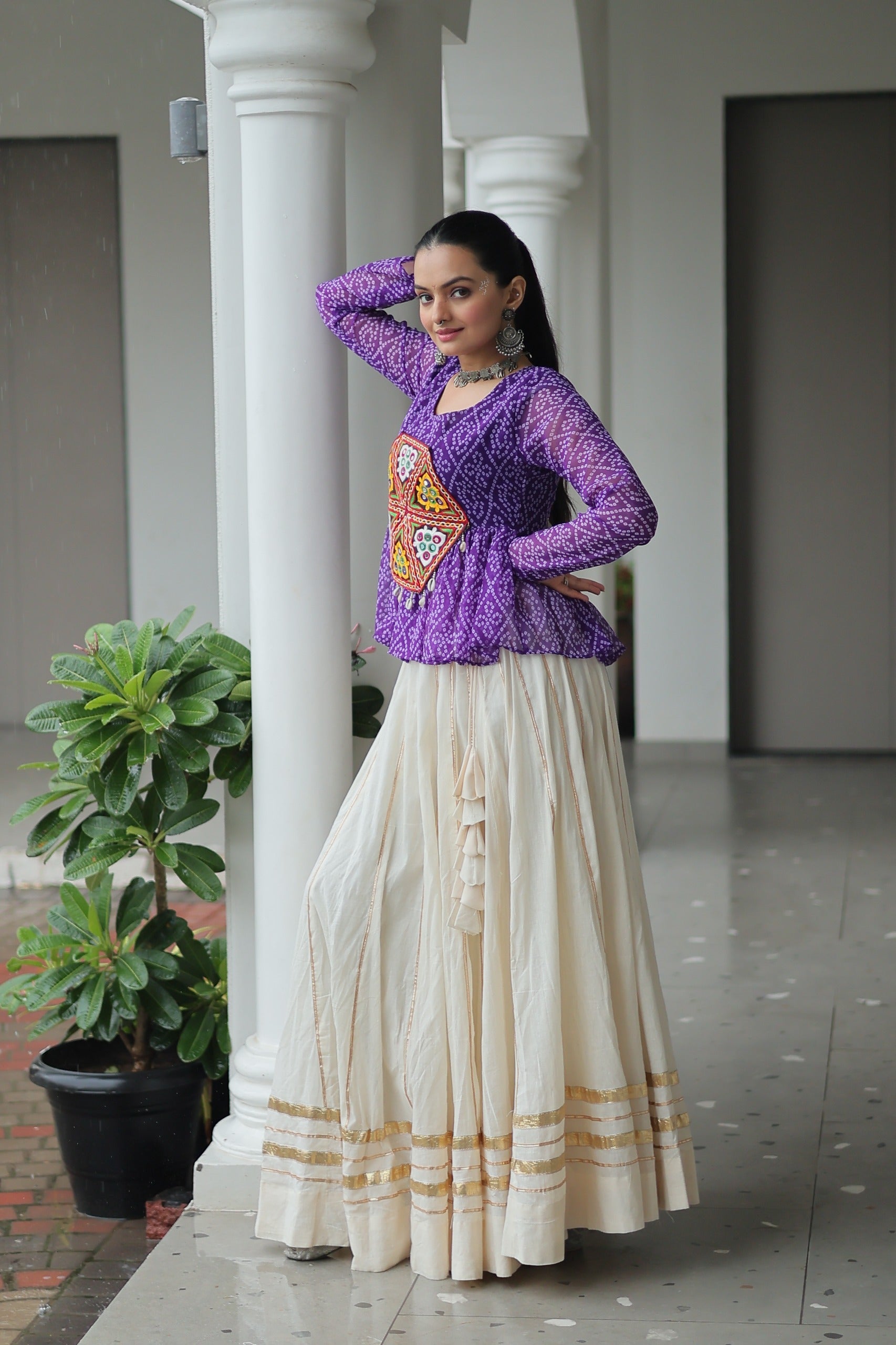 Prazu Fashion Violet Georgette Bandhani Print With Kutchi Gamthi Patchwork Navratri Lehenga | Grocsy