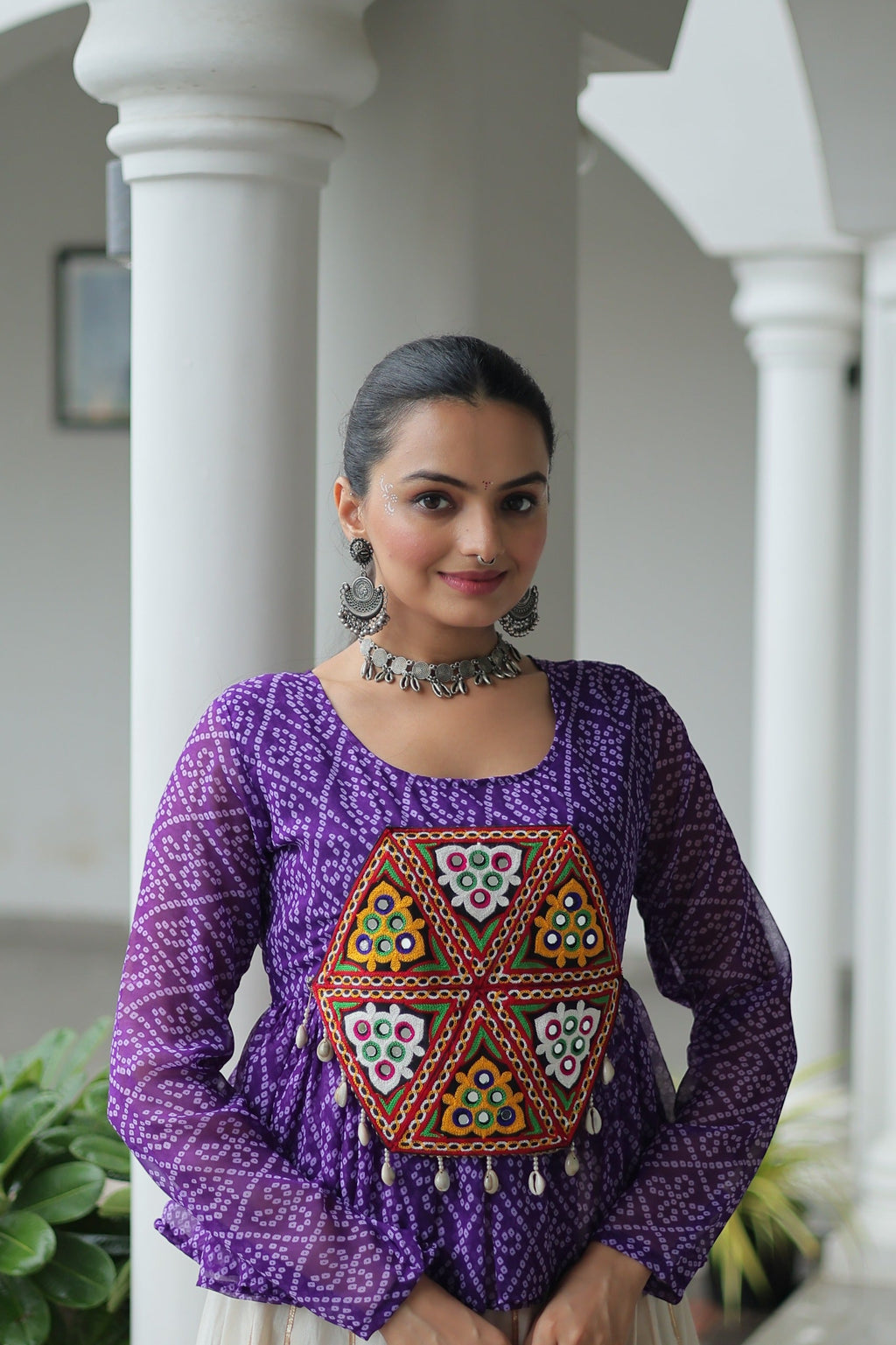 Prazu Fashion Violet Georgette Bandhani Print With Kutchi Gamthi Patchwork Navratri Lehenga | Grocsy