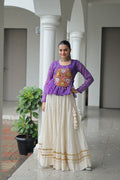 Prazu Fashion Violet Georgette Bandhani Print With Kutchi Gamthi Patchwork Navratri Lehenga | Grocsy