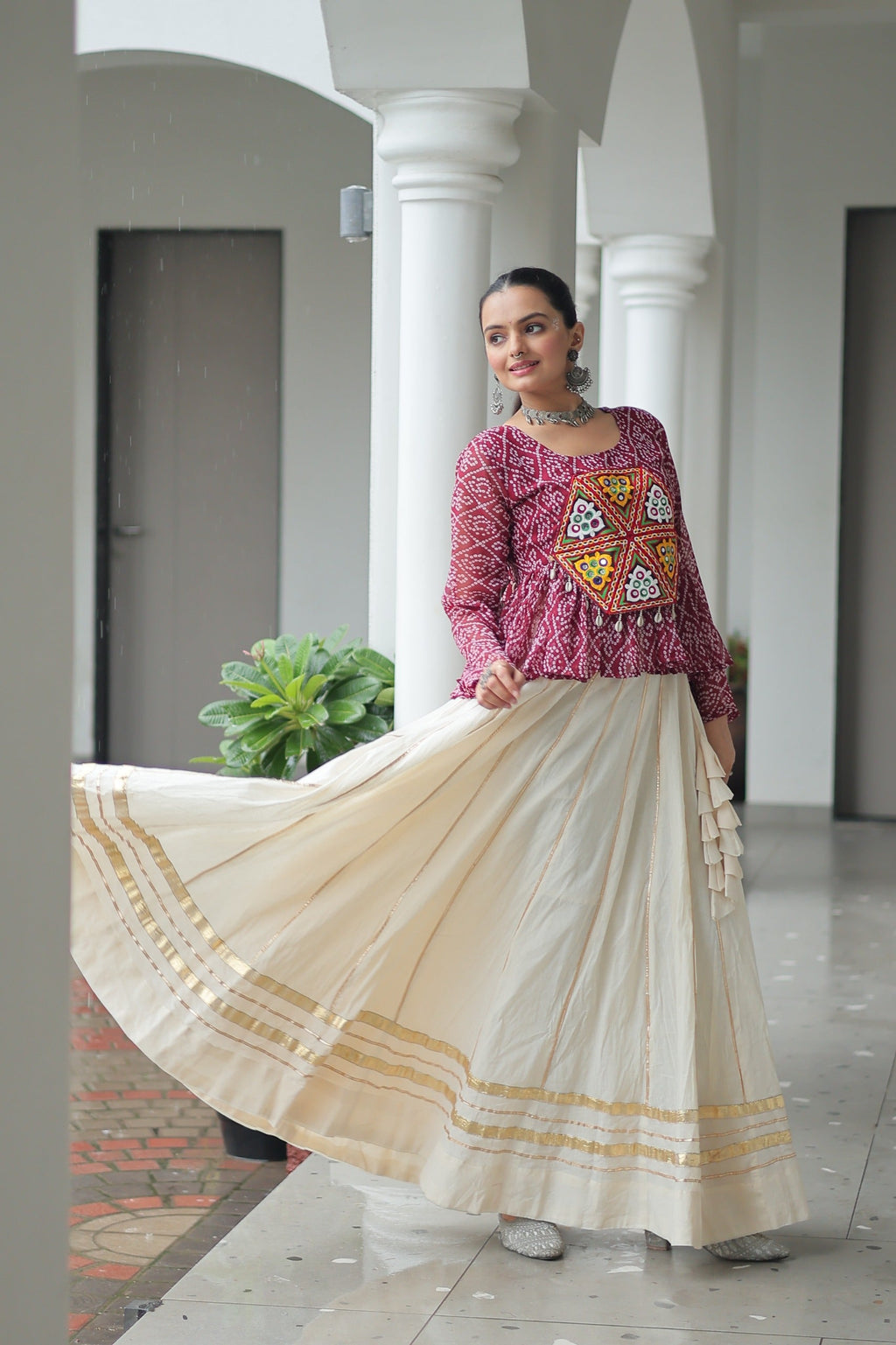 Prazu Fashion Wine Georgette Bandhani Print With Kutchi Gamthi Patchwork Navratri Lehenga | Grocsy