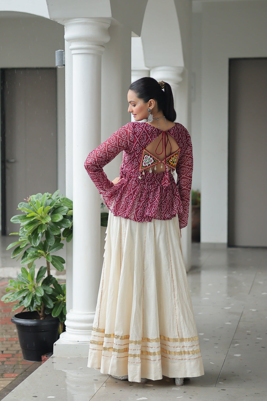 Prazu Fashion Wine Georgette Bandhani Print With Kutchi Gamthi Patchwork Navratri Lehenga | Grocsy