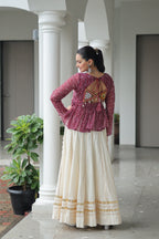 Prazu Fashion Wine Georgette Bandhani Print With Kutchi Gamthi Patchwork Navratri Lehenga | Grocsy