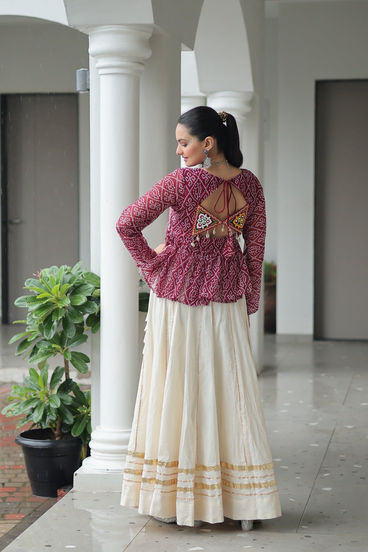 Prazu Fashion Wine Georgette Bandhani Print With Kutchi Gamthi Patchwork Navratri Lehenga | Grocsy
