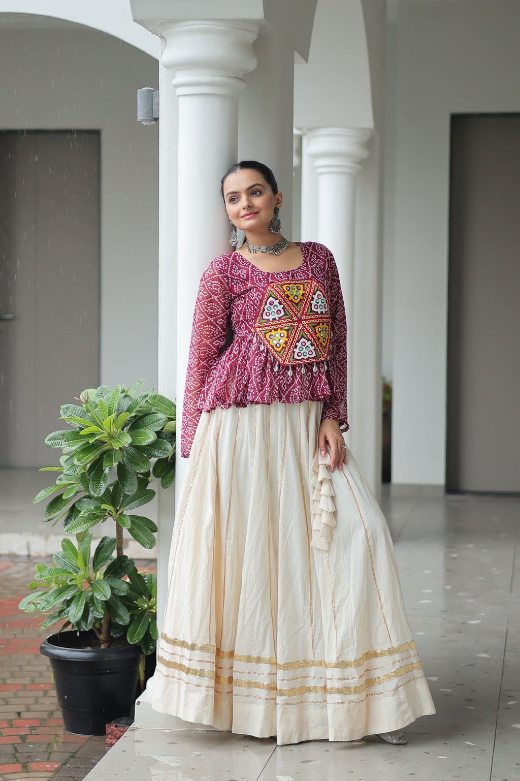Prazu Fashion Wine Georgette Bandhani Print With Kutchi Gamthi Patchwork Navratri Lehenga | Grocsy