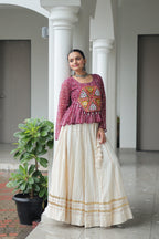 Prazu Fashion Wine Georgette Bandhani Print With Kutchi Gamthi Patchwork Navratri Lehenga | Grocsy