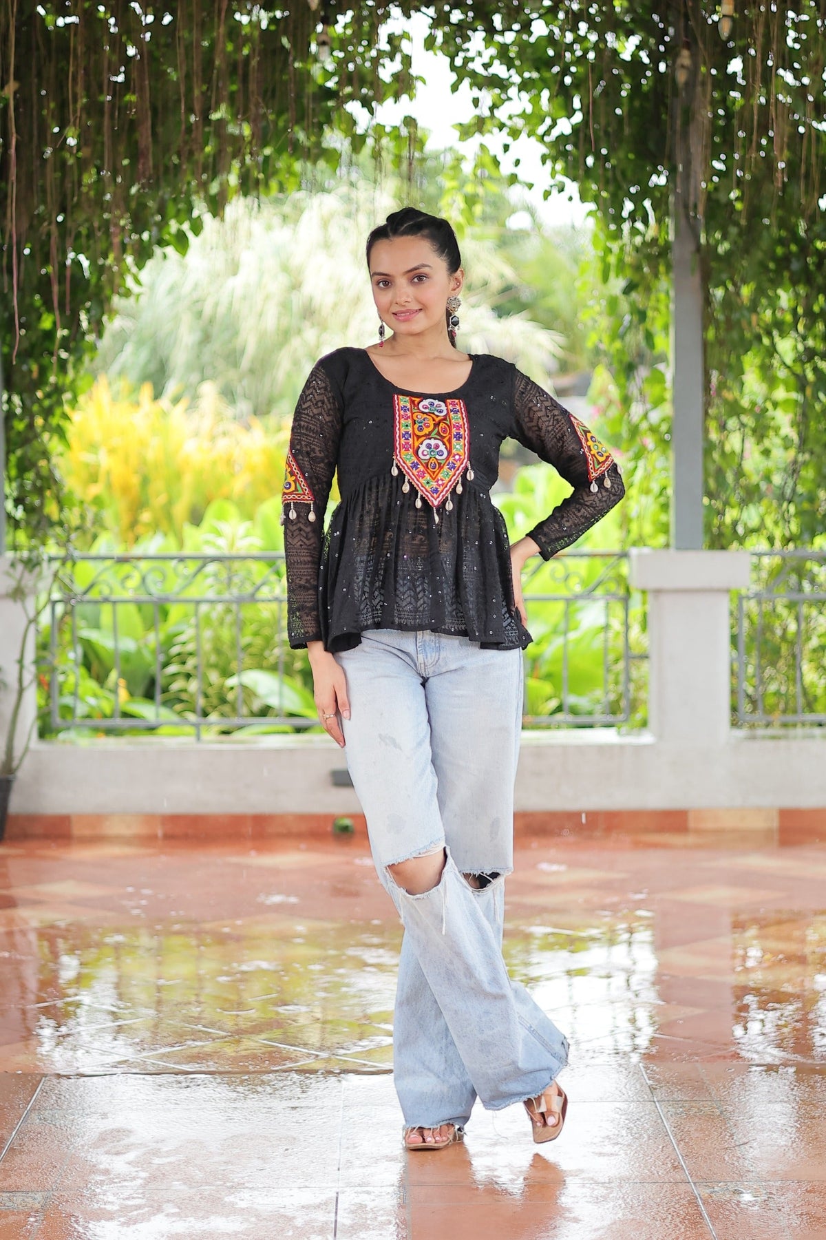 Prazu Fashion Black Georgette Schiffli Work Kutchi Gamthi Patch Work Navaratri Top | Grocsy