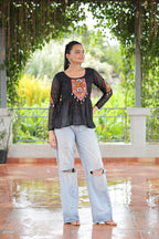 Prazu Fashion Black Georgette Schiffli Work Kutchi Gamthi Patch Work Navaratri Top | Grocsy