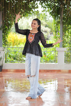 Prazu Fashion Black Georgette Schiffli Work Kutchi Gamthi Patch Work Navaratri Top | Grocsy