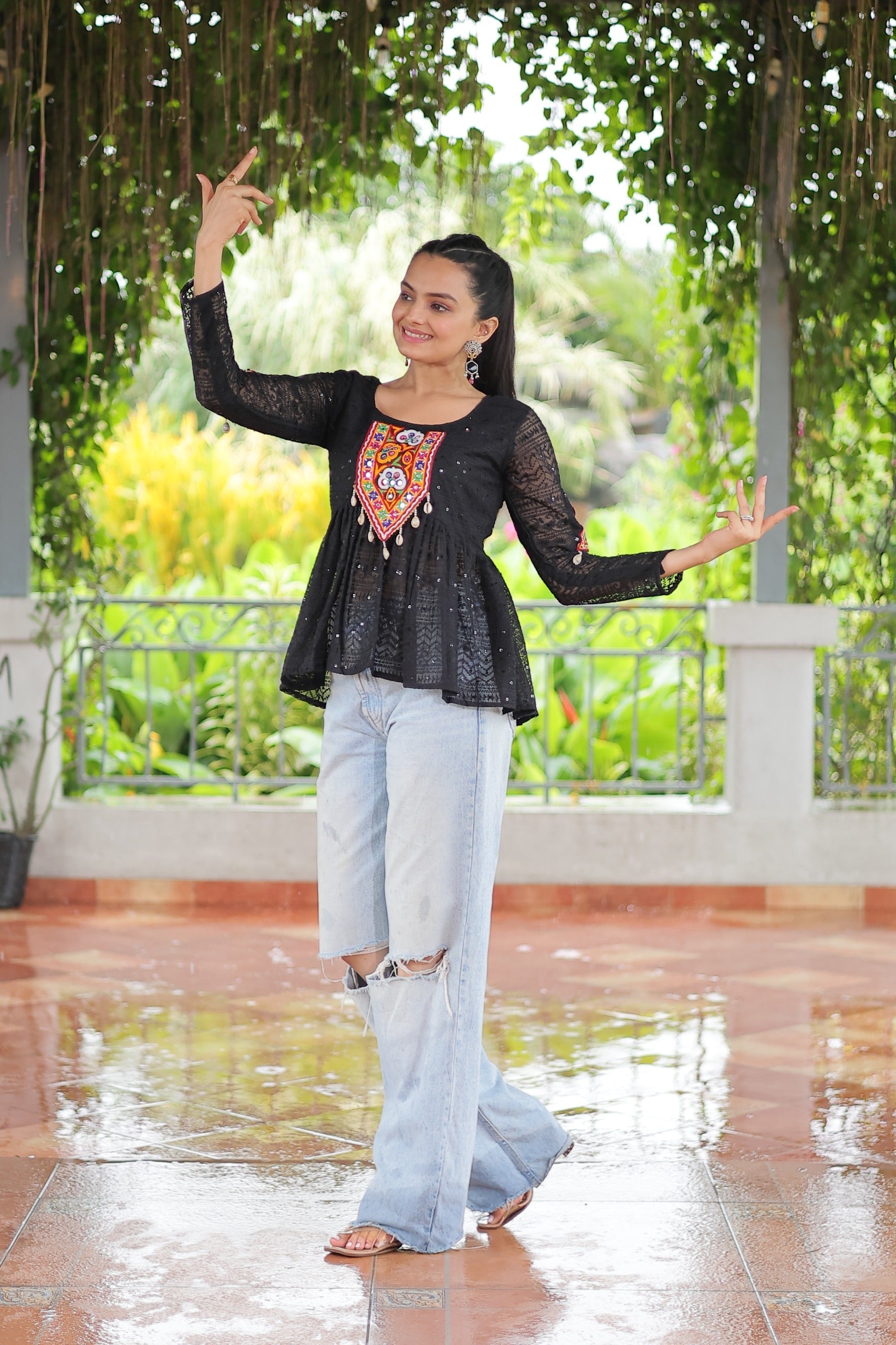 Prazu Fashion Black Georgette Schiffli Work Kutchi Gamthi Patch Work Navaratri Top | Grocsy