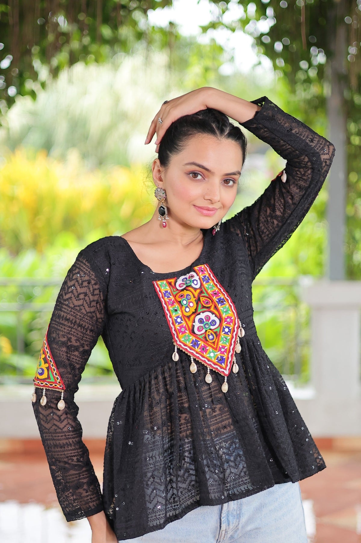 Prazu Fashion Black Georgette Schiffli Work Kutchi Gamthi Patch Work Navaratri Top | Grocsy