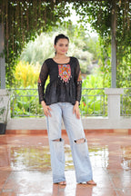 Prazu Fashion Black Georgette Schiffli Work Kutchi Gamthi Patch Work Navaratri Top | Grocsy