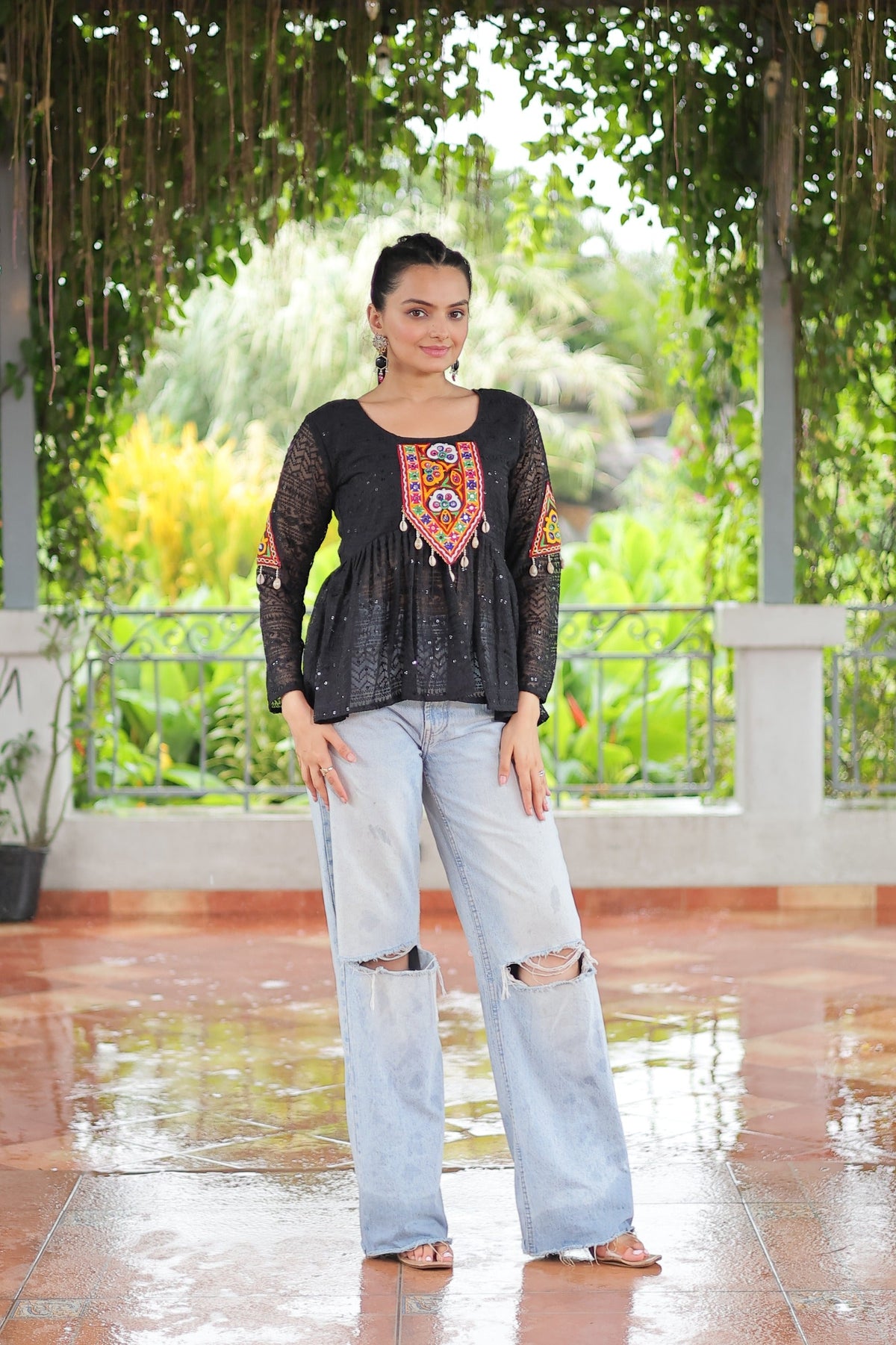 Prazu Fashion Black Georgette Schiffli Work Kutchi Gamthi Patch Work Navaratri Top | Grocsy