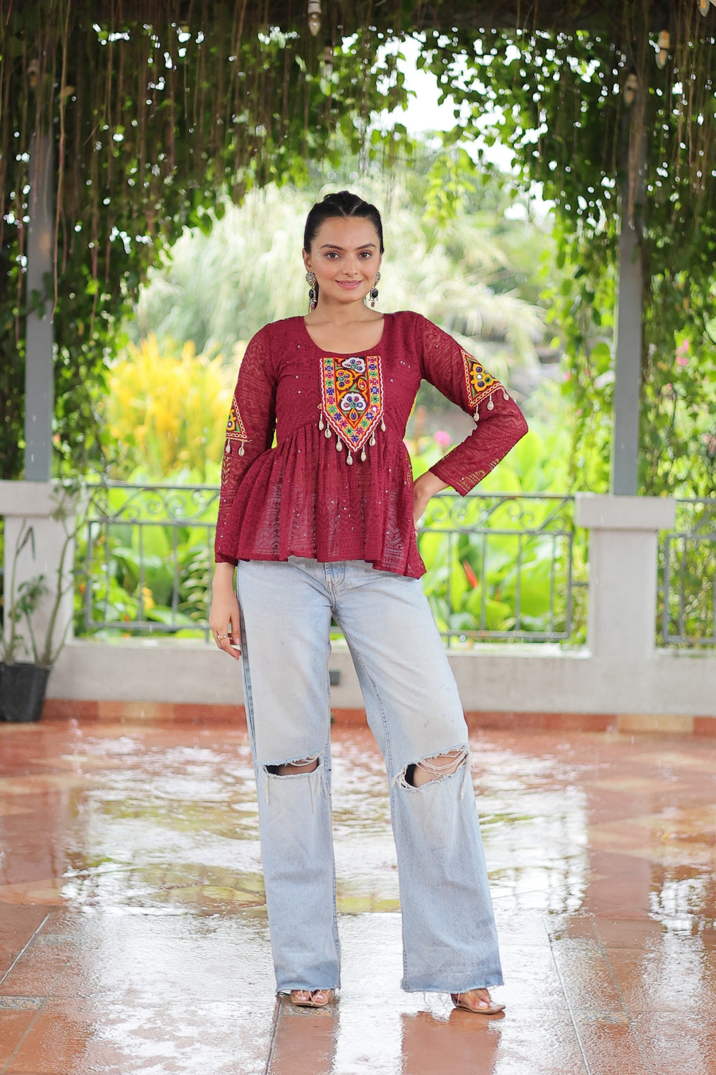Prazu Fashion Maroon Georgette Schiffli Work Kutchi Gamthi Patch Work Navaratri Top | Grocsy