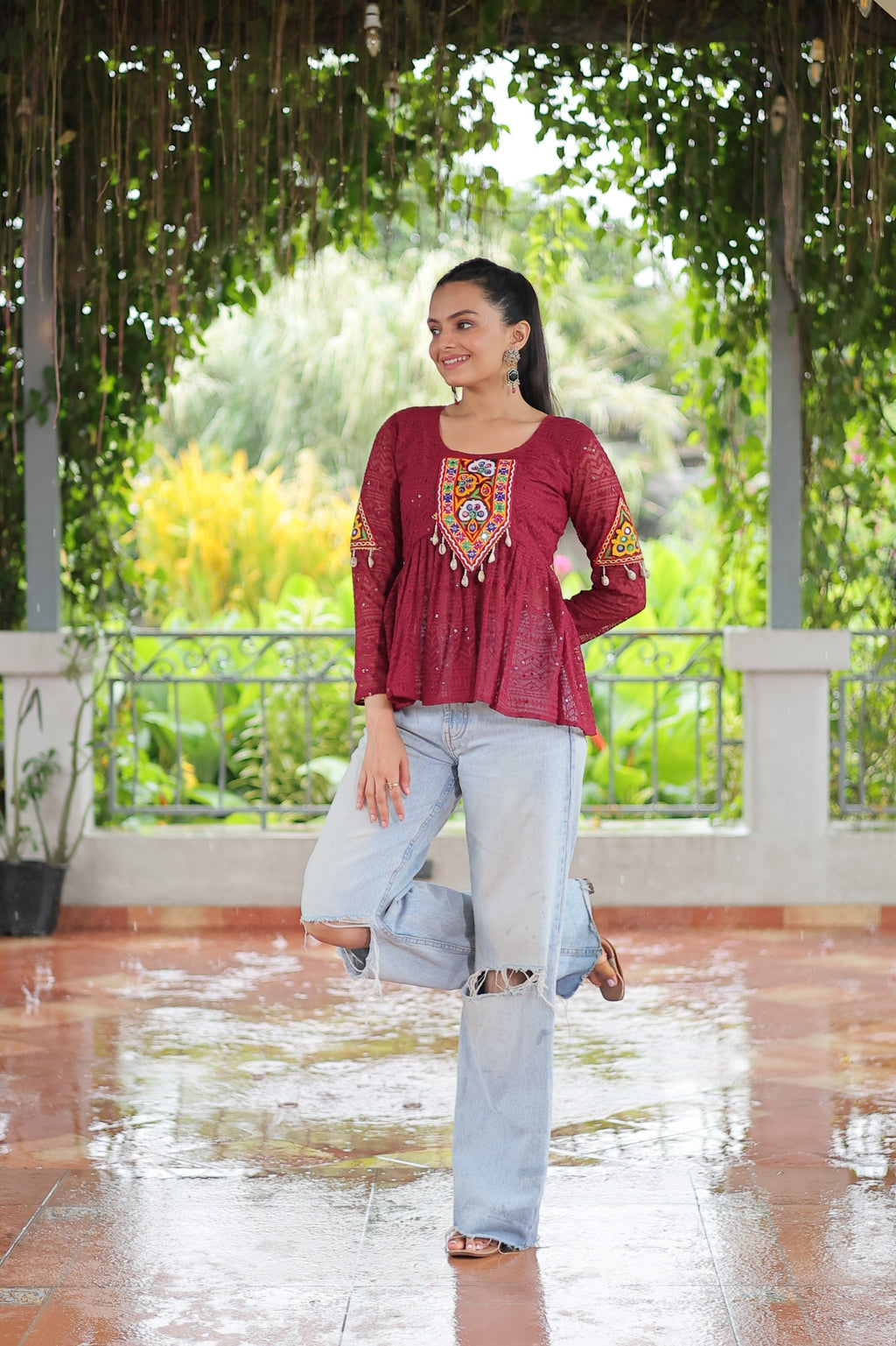 Prazu Fashion Maroon Georgette Schiffli Work Kutchi Gamthi Patch Work Navaratri Top | Grocsy