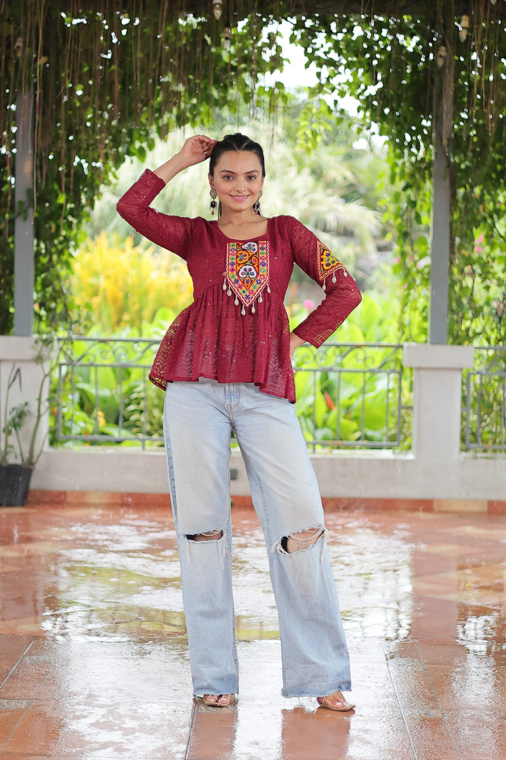 Prazu Fashion Maroon Georgette Schiffli Work Kutchi Gamthi Patch Work Navaratri Top | Grocsy