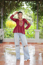 Prazu Fashion Maroon Georgette Schiffli Work Kutchi Gamthi Patch Work Navaratri Top | Grocsy