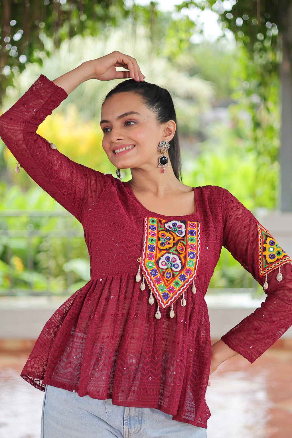 Prazu Fashion Maroon Georgette Schiffli Work Kutchi Gamthi Patch Work Navaratri Top | Grocsy