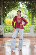 Prazu Fashion Maroon Georgette Schiffli Work Kutchi Gamthi Patch Work Navaratri Top | Grocsy