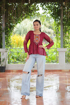 Prazu Fashion Maroon Georgette Schiffli Work Kutchi Gamthi Patch Work Navaratri Top | Grocsy