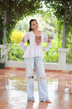 Prazu Fashion Off White Georgette Schiffli Work Kutchi Gamthi Patch Work Navaratri Top | Grocsy