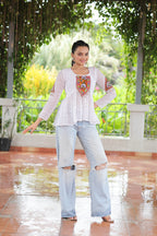 Prazu Fashion Off White Georgette Schiffli Work Kutchi Gamthi Patch Work Navaratri Top | Grocsy