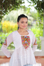 Prazu Fashion Off White Georgette Schiffli Work Kutchi Gamthi Patch Work Navaratri Top | Grocsy