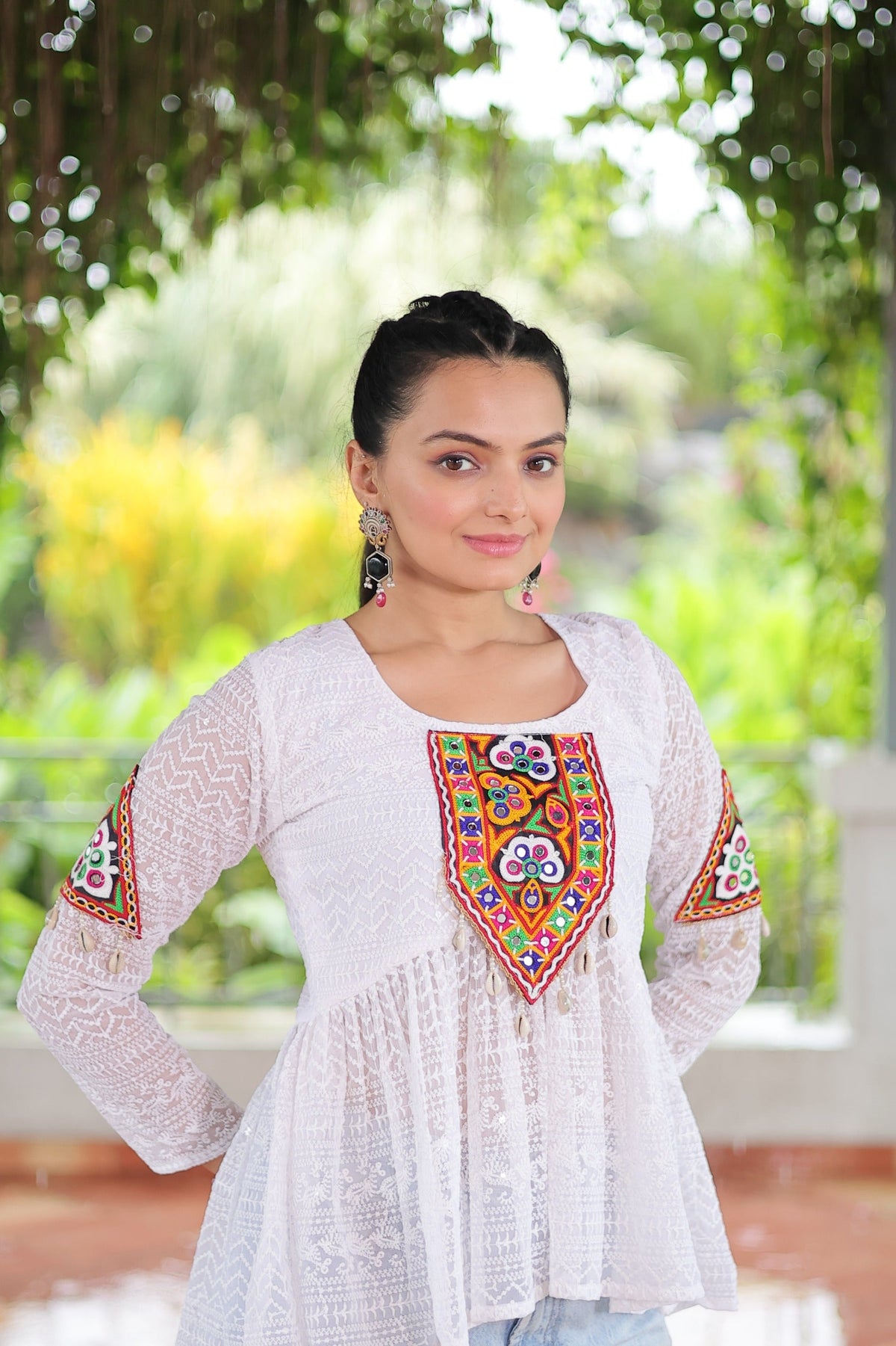 Prazu Fashion Off White Georgette Schiffli Work Kutchi Gamthi Patch Work Navaratri Top | Grocsy
