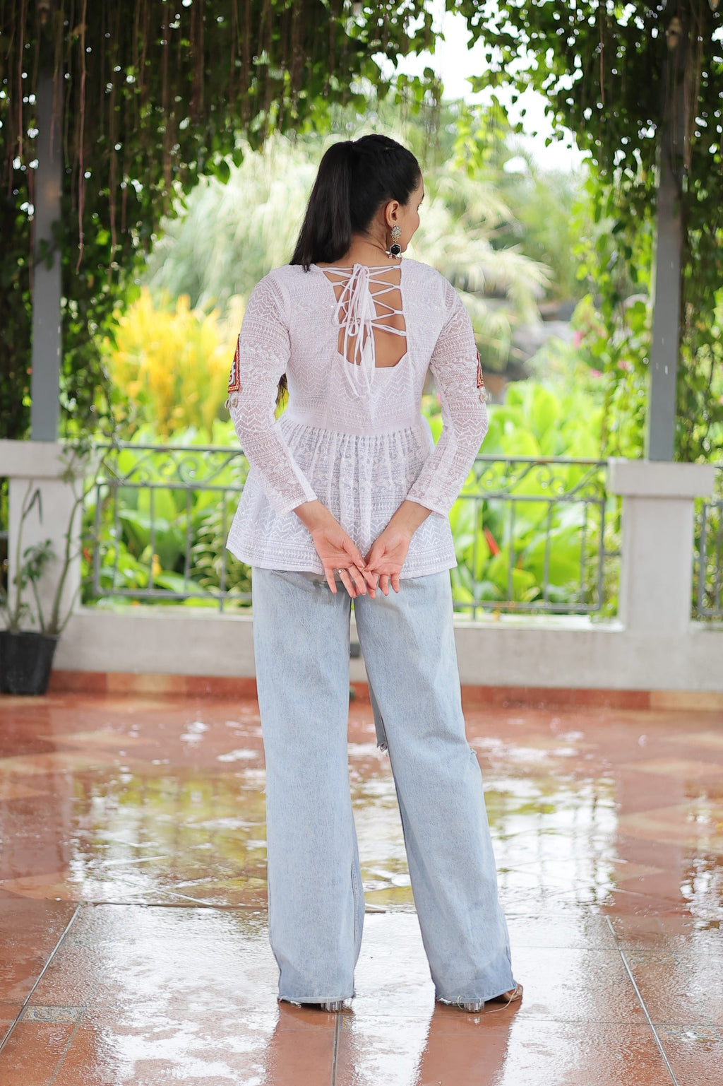Prazu Fashion Off White Georgette Schiffli Work Kutchi Gamthi Patch Work Navaratri Top | Grocsy