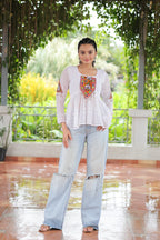 Prazu Fashion Off White Georgette Schiffli Work Kutchi Gamthi Patch Work Navaratri Top | Grocsy