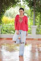 Prazu Fashion Pink Georgette Schiffli Work Kutchi Gamthi Patch Work Navaratri Top | Grocsy
