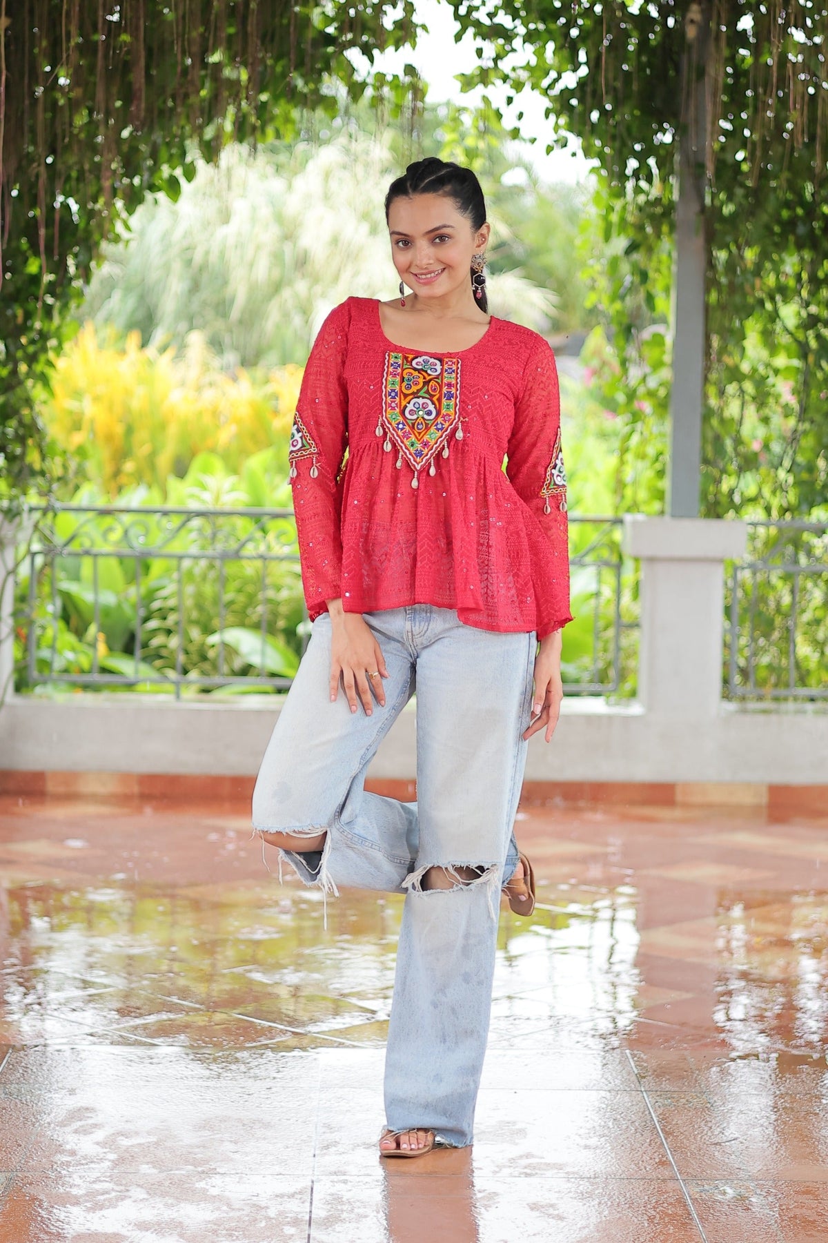 Prazu Fashion Pink Georgette Schiffli Work Kutchi Gamthi Patch Work Navaratri Top | Grocsy