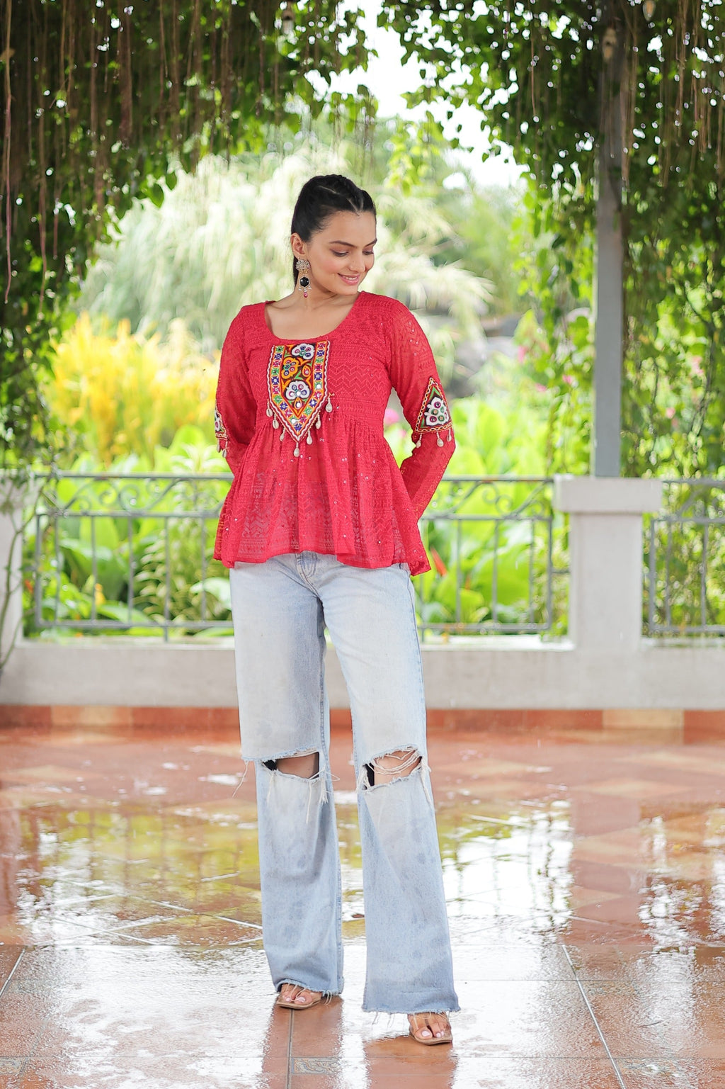 Prazu Fashion Pink Georgette Schiffli Work Kutchi Gamthi Patch Work Navaratri Top | Grocsy