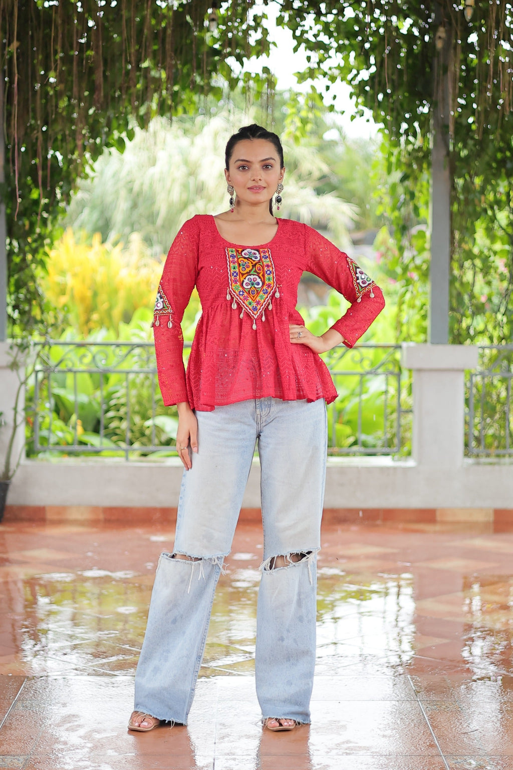 Prazu Fashion Pink Georgette Schiffli Work Kutchi Gamthi Patch Work Navaratri Top | Grocsy