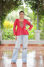 Prazu Fashion Pink Georgette Schiffli Work Kutchi Gamthi Patch Work Navaratri Top | Grocsy