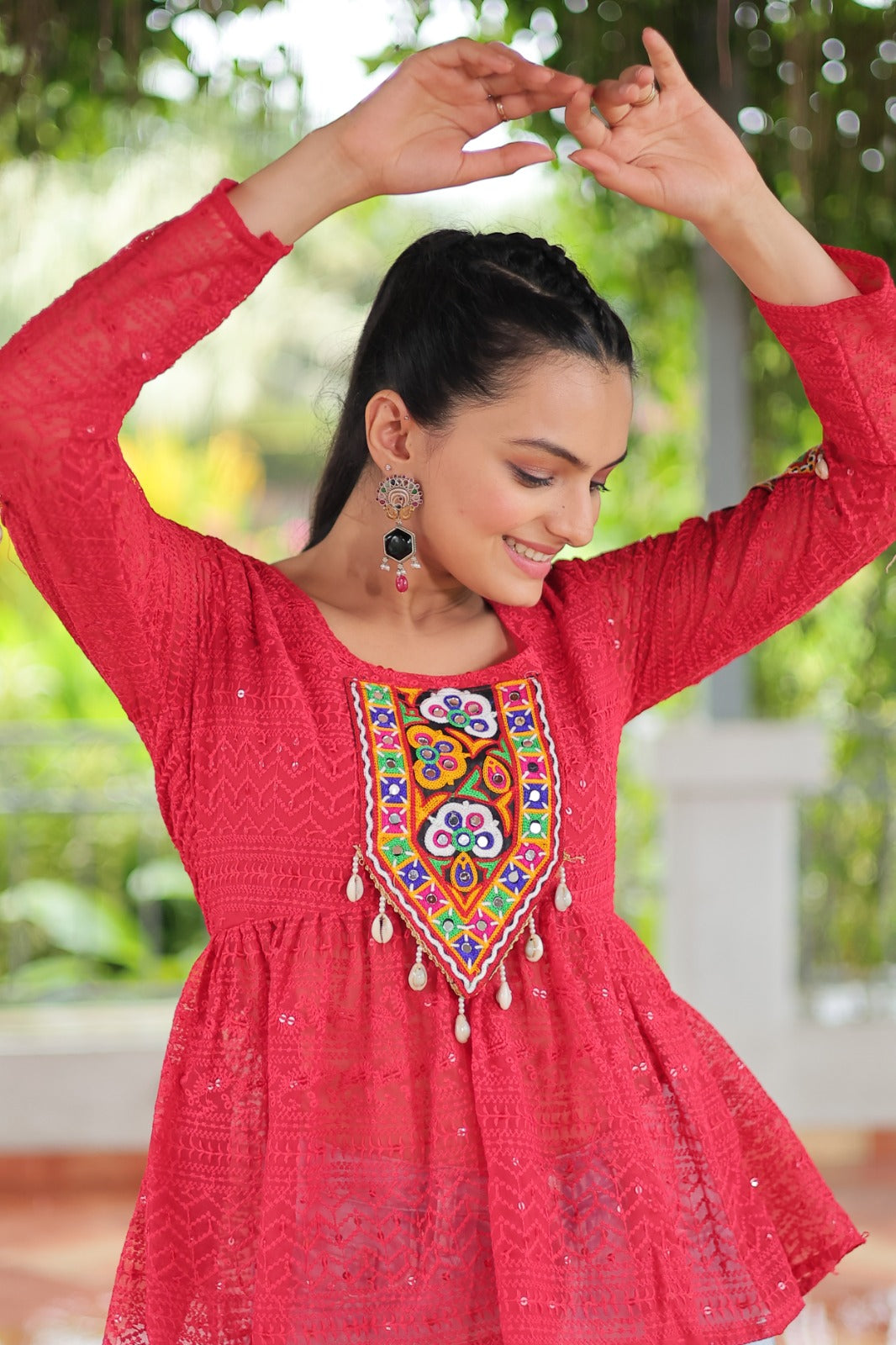 Prazu Fashion Pink Georgette Schiffli Work Kutchi Gamthi Patch Work Navaratri Top | Grocsy