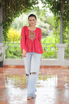 Prazu Fashion Pink Georgette Schiffli Work Kutchi Gamthi Patch Work Navaratri Top | Grocsy