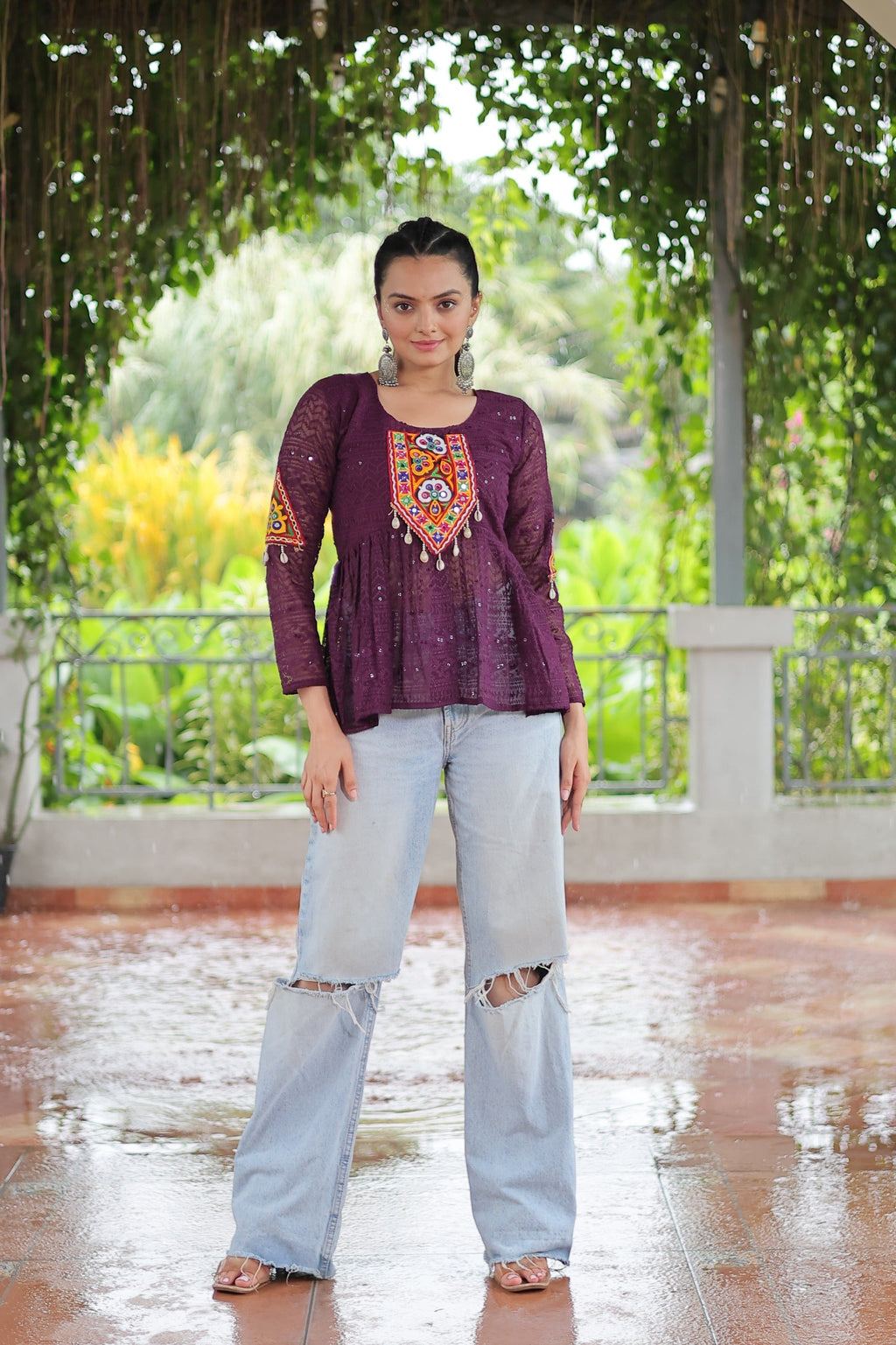 Prazu Fashion Wine Georgette Schiffli Work Kutchi Gamthi Patch Work Navaratri Top | Grocsy